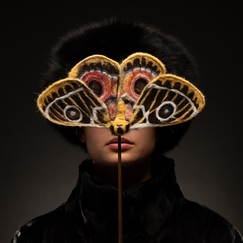 Fotografia aranżowana - prezentacja ćmy wykonanej metodą filcowania